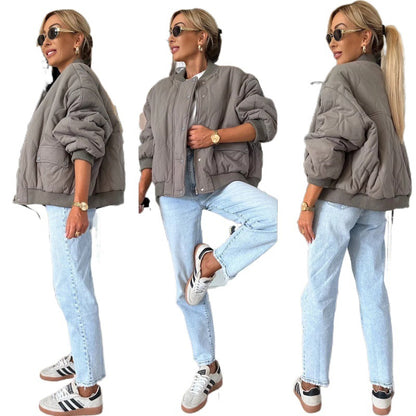 Manteau D'hiver Matelassé Chic et Décontracté pour Femme à Boucle, Chemise Manches Longues Couleur Unie