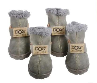 Grey dog snow boots with plush lining and Dog Australia tags; four boots shown.