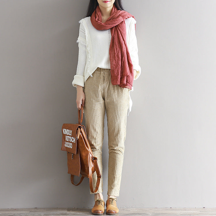 Pantalones de pana finos Art Fan Xian de talla grande para mujer, otoño e invierno, pantalones casuales sueltos