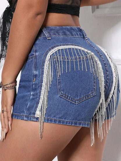Fringe Back Denim Shorts with Pockets by eprolo