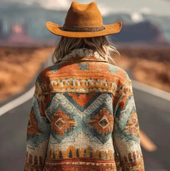 Autumn Retro Washed Long-Sleeve Denim Jacket, back view, multicolor Southwestern pattern in orange teal beige.