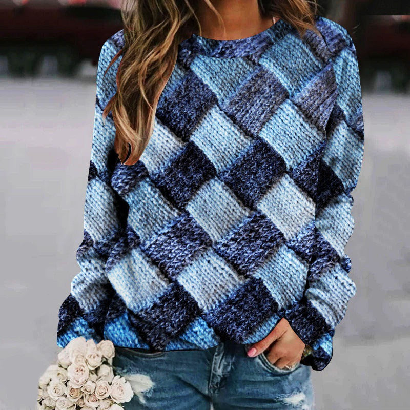 Pull femme à manches longues raglan, col rond et imprimé patchwork
