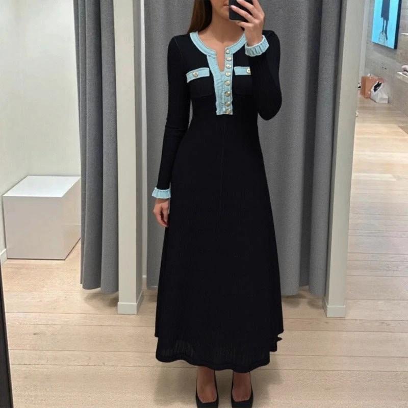 Autumn/Winter New Long Sleeve Denim Knit Maxi Dress, Simple Short Sleeve Long Dress, Slim Fit Sweater Dress V-Neck by eprolo