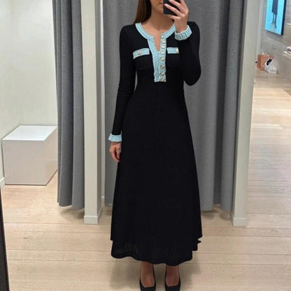 Autumn/Winter New Long Sleeve Denim Knit Maxi Dress, Simple Short Sleeve Long Dress, Slim Fit Sweater Dress V-Neck by eprolo