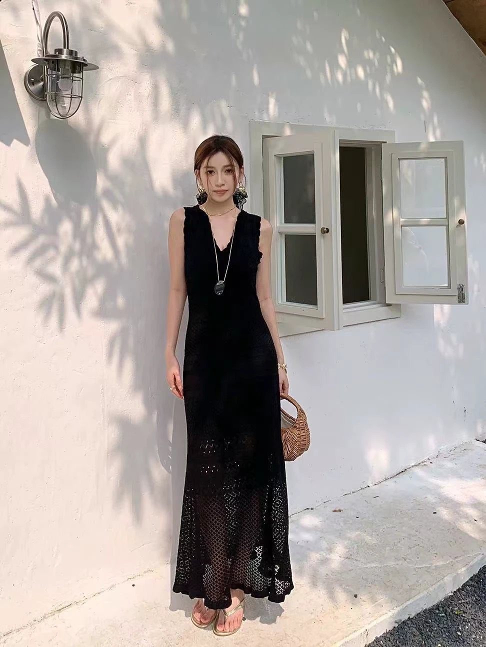 Chic Hollow Knit Dress, Sleeveless Long Dress by eprolo