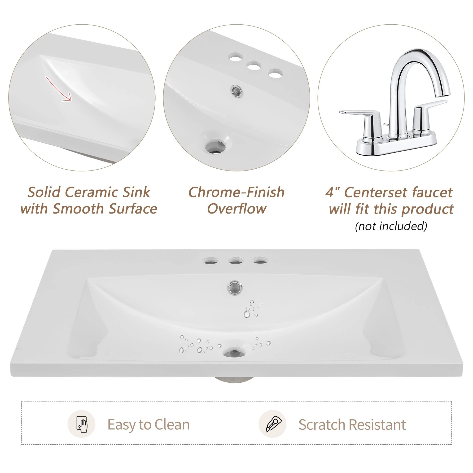 30" Single Bathroom Vanity Top with White Basin, 3-Faucet Holes, Ceramic, White by eprolo