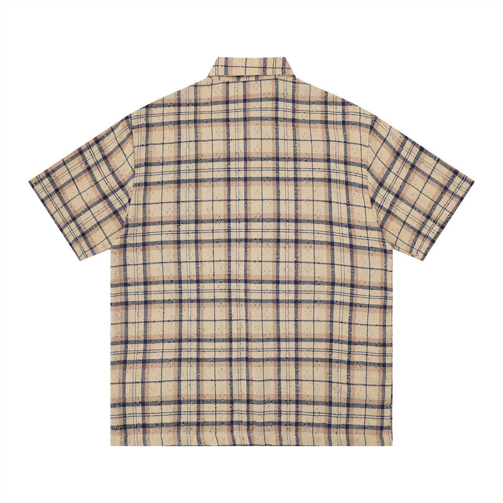 Color blocked plaid short sleeved shirt with lining