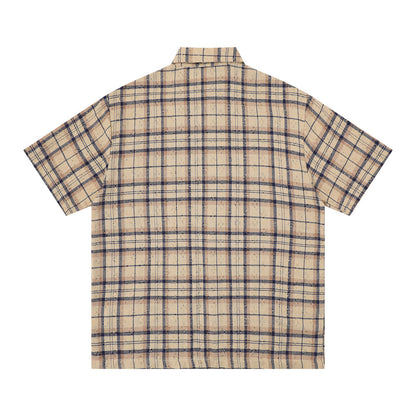 Color blocked plaid short sleeved shirt with lining
