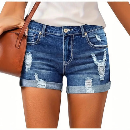 Elastic Hole Denim Shorts for Women