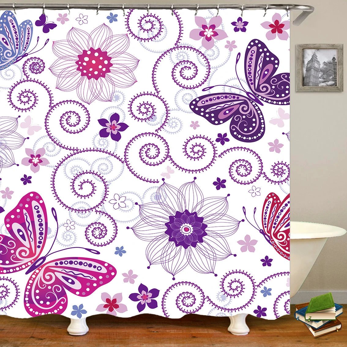 Butterflies flying Waterproof Polyester Fabric Shower Curtain by eprolo