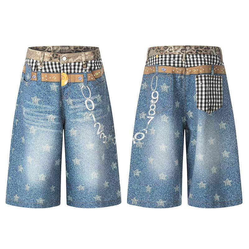 Star 3D digital printed washed denim cropped pants