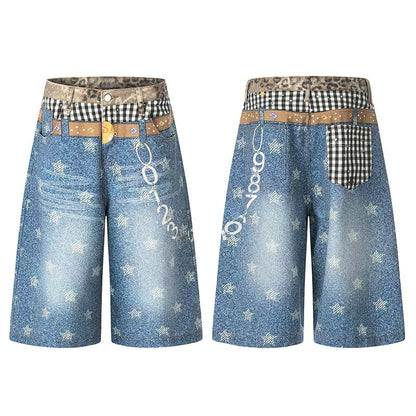 Star 3D digital printed washed denim cropped pants