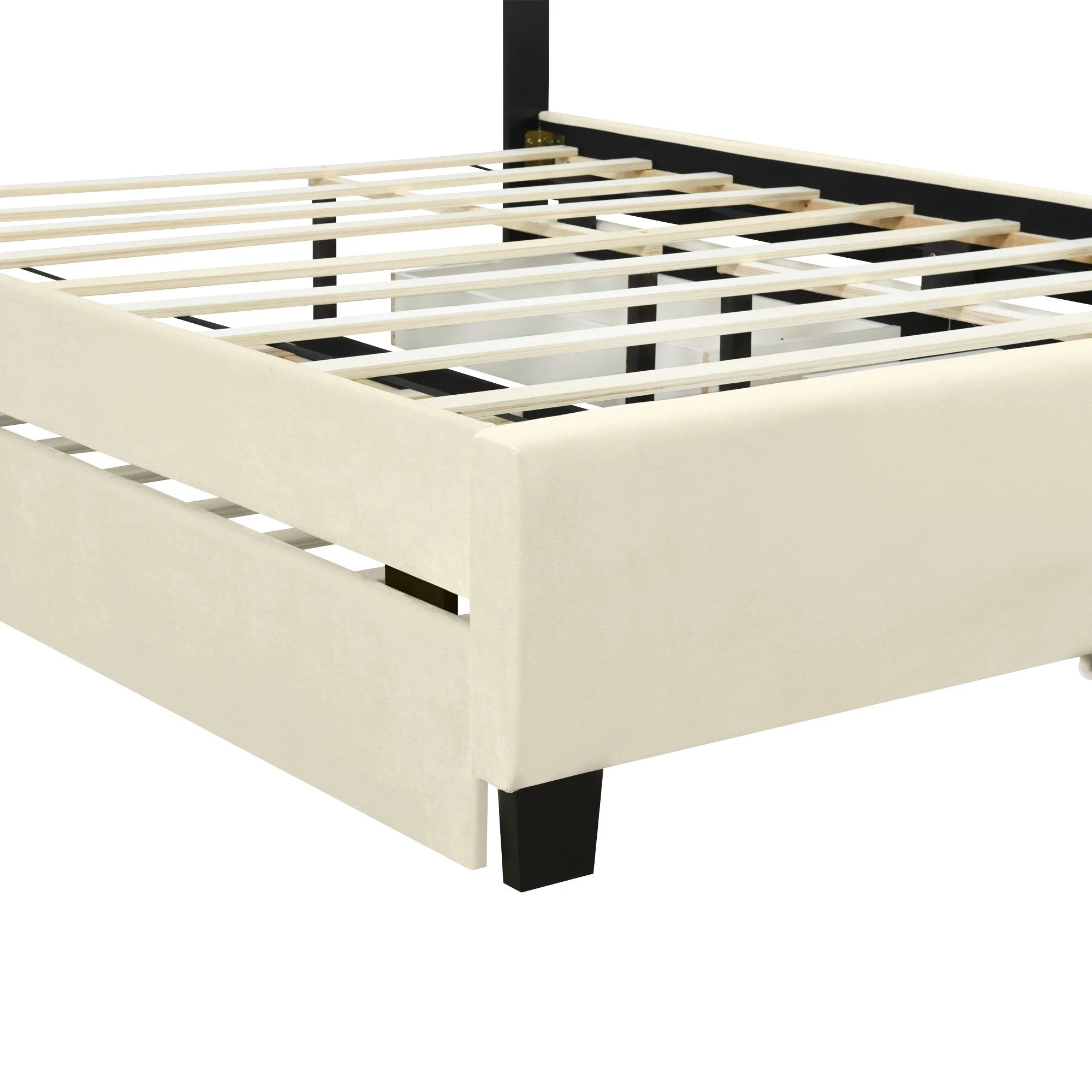 Queen Size Upholstered Platform Bed with 2 Drawers and 1 Trundle, Classic Metal Strip Headboard Design, Beige by eprolo