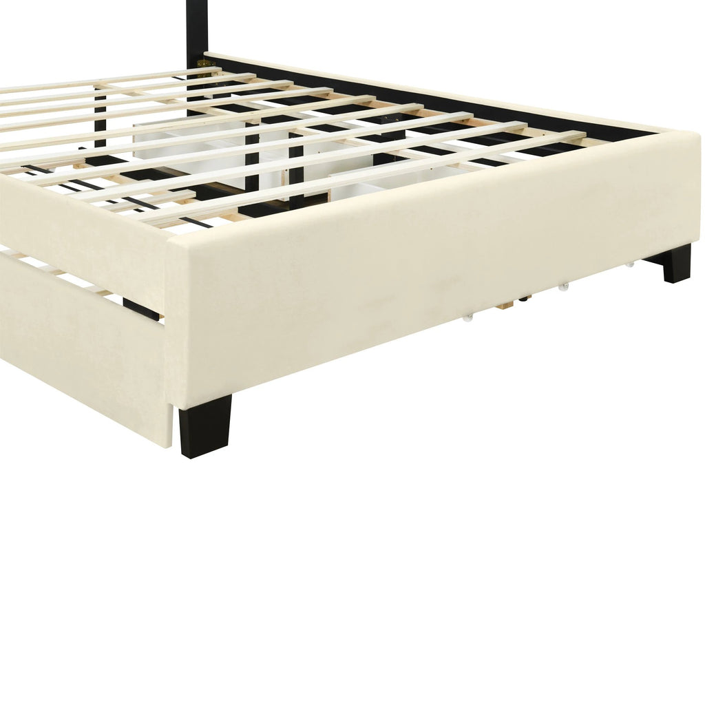 Queen Size Upholstered Platform Bed with 2 Drawers and 1 Trundle, Classic Metal Strip Headboard Design, Beige by eprolo