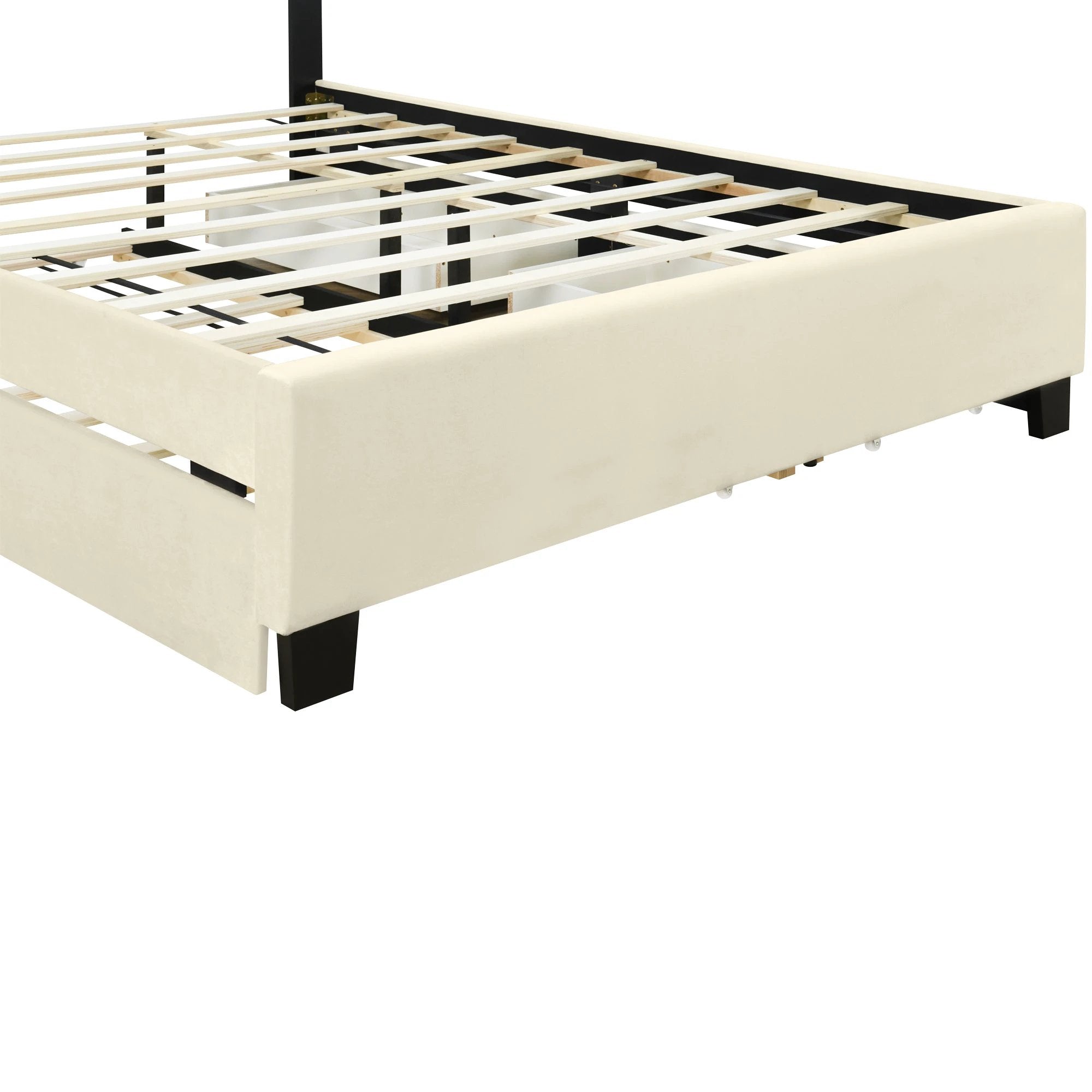 Queen Size Upholstered Platform Bed with 2 Drawers and 1 Trundle, Classic Metal Strip Headboard Design, Beige by eprolo