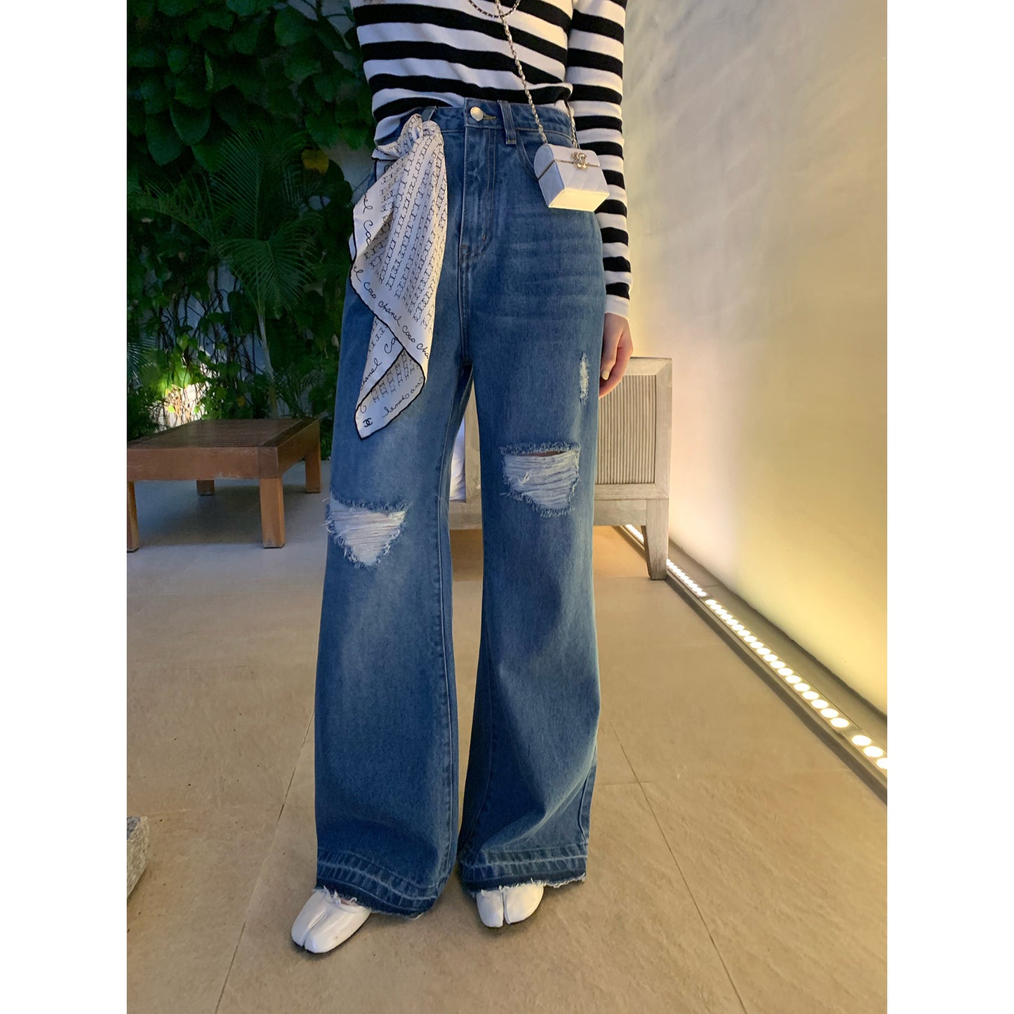 Layered Ripped Wide-Leg Jeans Women Spring New Long Pants
