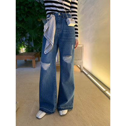 Layered Ripped Wide-Leg Jeans Women Spring New Long Pants