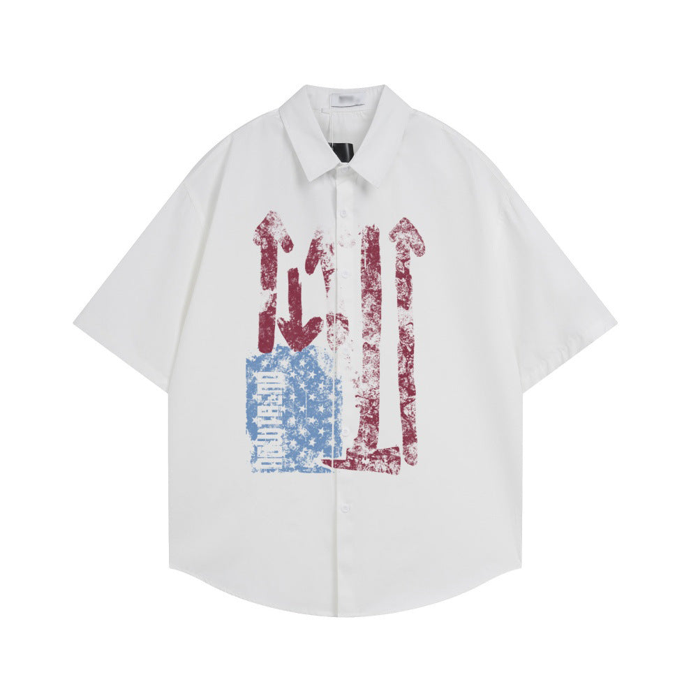 Color blocked graffiti printed short sleeved shirt