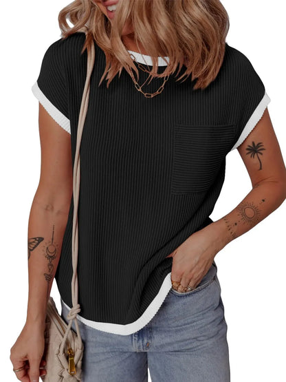 Women's short sleeved T-shirt basic ribbed knit T-shirt