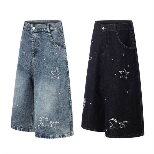 Pantalones de mezclilla de corte recto de cinco cuartos con diamantes de imitación de estrella