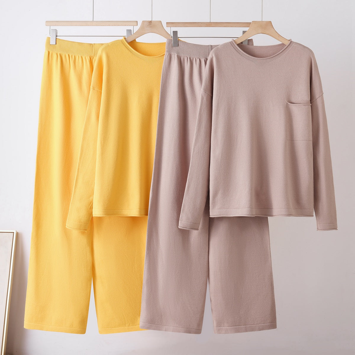 Round Neck Pocket Sweater  Loose Casual Wide-Leg Pants for Women