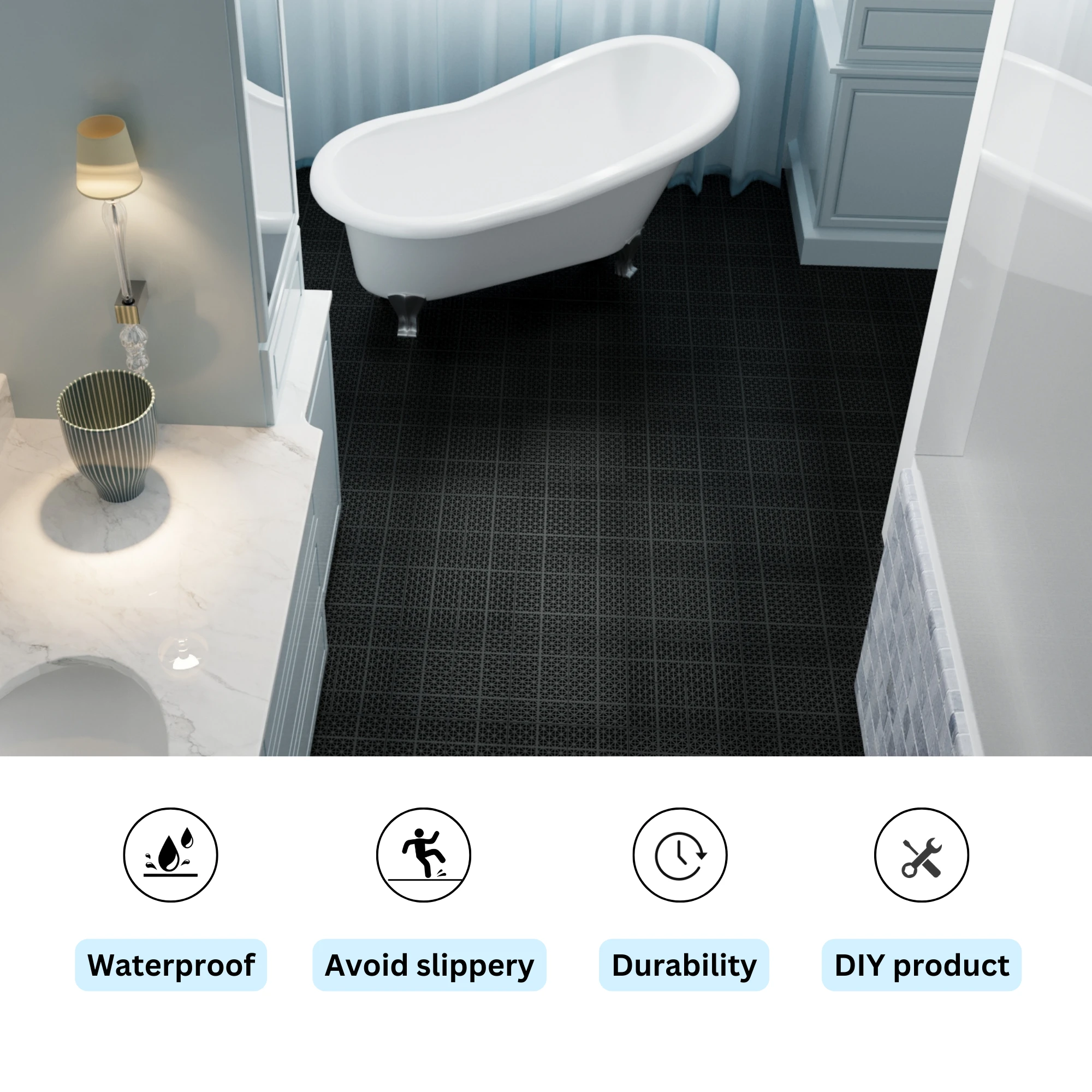 12 x 12 inch black interlocking deck tiles, plastic waterproof, weighing up to 6613 pounds, with a rose pattern pack of 12 by eprolo