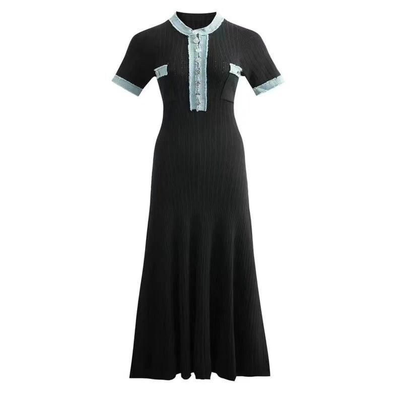 Long Sleeve Knit Dress with V-Neck, Fitted Waist, Denim Ribbed Pattern by eprolo