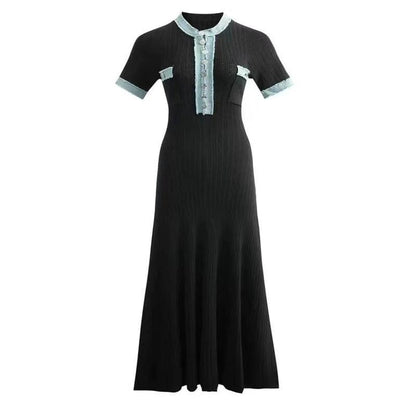 Long Sleeve Knit Dress with V-Neck, Fitted Waist, Denim Ribbed Pattern by eprolo