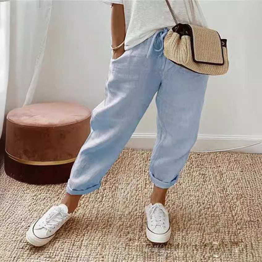Pantacourt en coton et lin à taille élastique pour femme