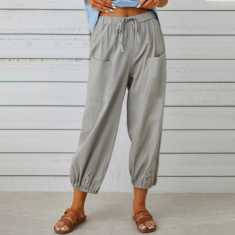 Pantalon ample taille haute en coton et lin avec boutons, coupe courte, jambes larges pour femme