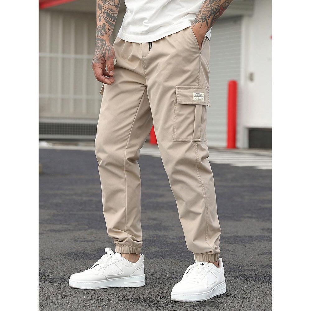Pantalon cargo décontracté coupe droite multipoches avec cordon de serrage pour homme