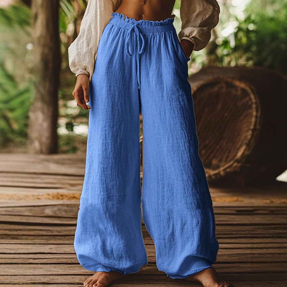 Pantalon ample décontracté de style artistique avec poches, cordon de serrage et taille élastique
