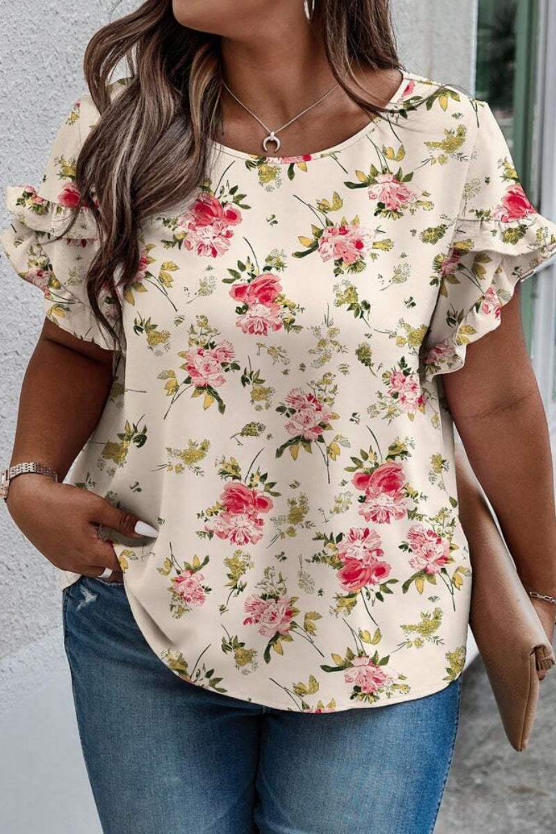 Cuello Redondo Manga Costura Pliegues Estampado Manga Corta Informal