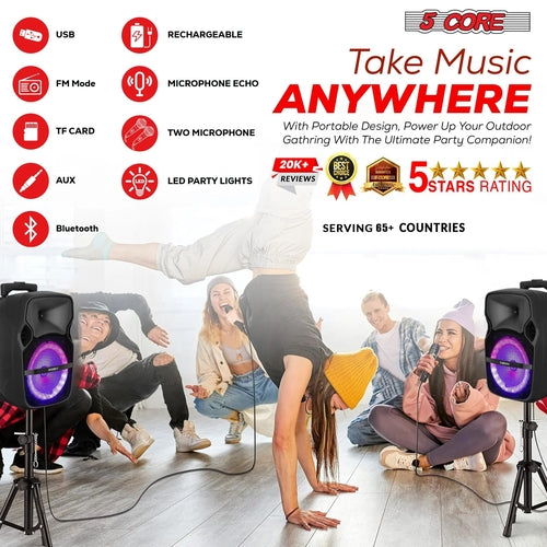 5Core 8 Inch PA Portable Bluetooth Party Speaker Karaoke Boombox + 2