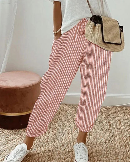 Pantalon décontracté d'été à rayures, ample, taille élastique pour femme