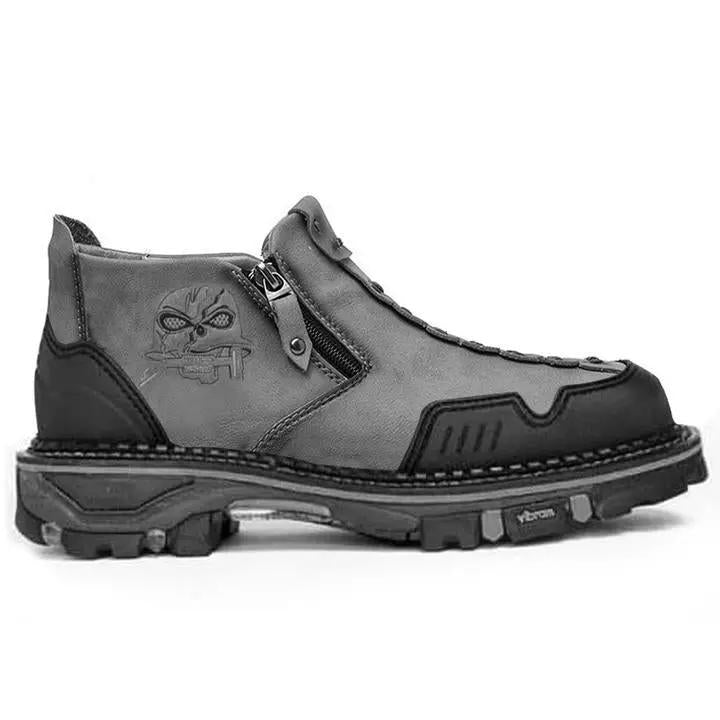 Boots: AdTec Luma men's black skull Martin boot with side zipper and contrast stitching