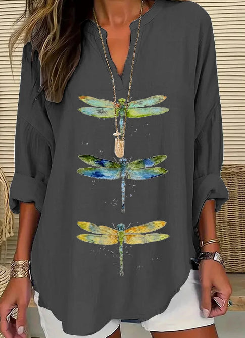 Vêtements pour femmes européens et américains, petit col montant en V, bouton, manches longues tombantes, t-shirt femme, ourlet incurvé