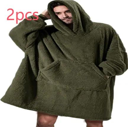 Hoodie sweatshirt with an oversized fit and front kangaroo pocket; olive green double-sided fleece wearable blanket