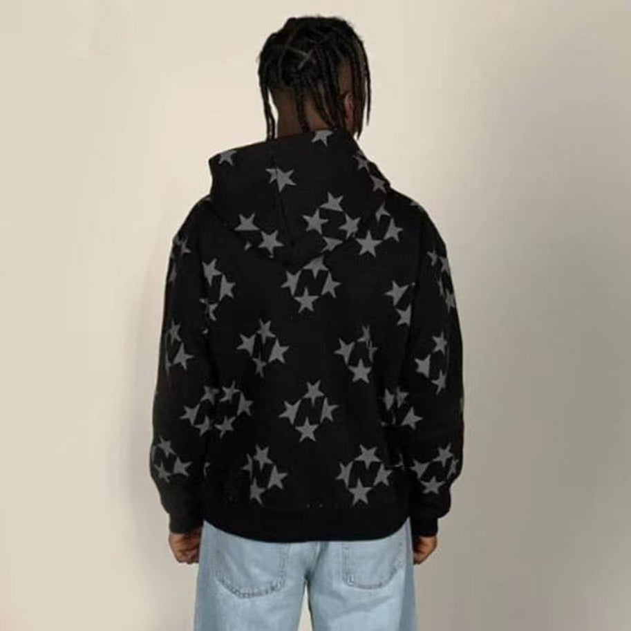 Cardigan à Capuche Zippé Imprimé Étoiles, Vêtement d'Extérieur Tendance pour Couple, Sweat-shirt à Capuche, Manteau Homme Femme Streetwear