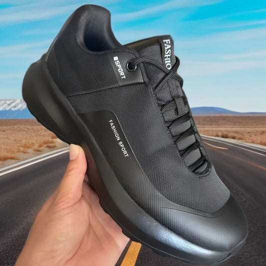 Fashion sport sneakers, black athletic shoes with a chunky sole