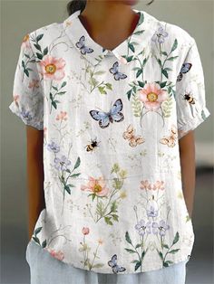Camiseta de manga corta estilo retro floral y lindo