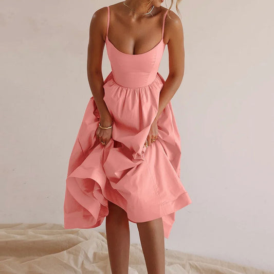 Lady Temperament Commute Low-cut Slim Fit Waist Trimming Spaghetti Straps Dress