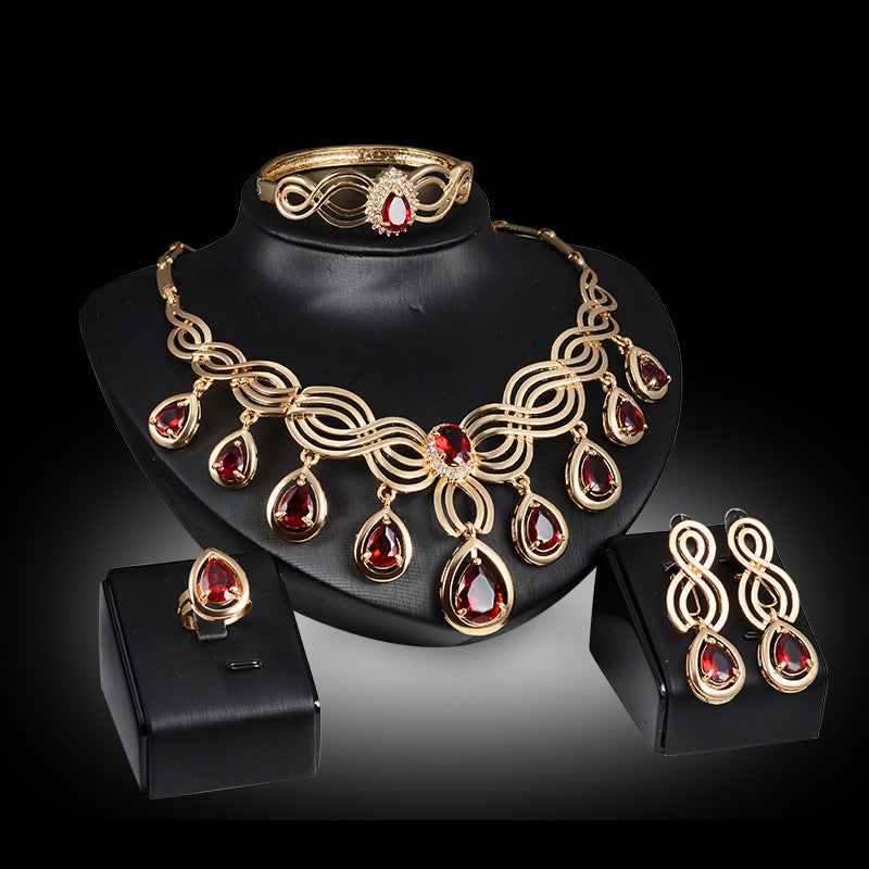 Conjunto de joyería de moda con gemas, collar y pendientes de aleación
