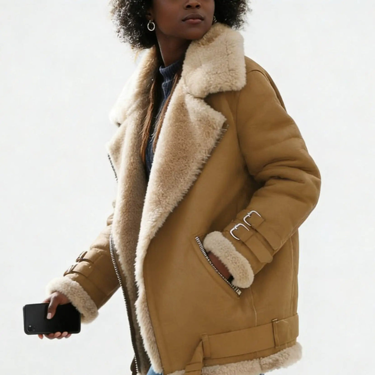 AdTec tan shearling-lined jacket with cream fleece collar and cuffs