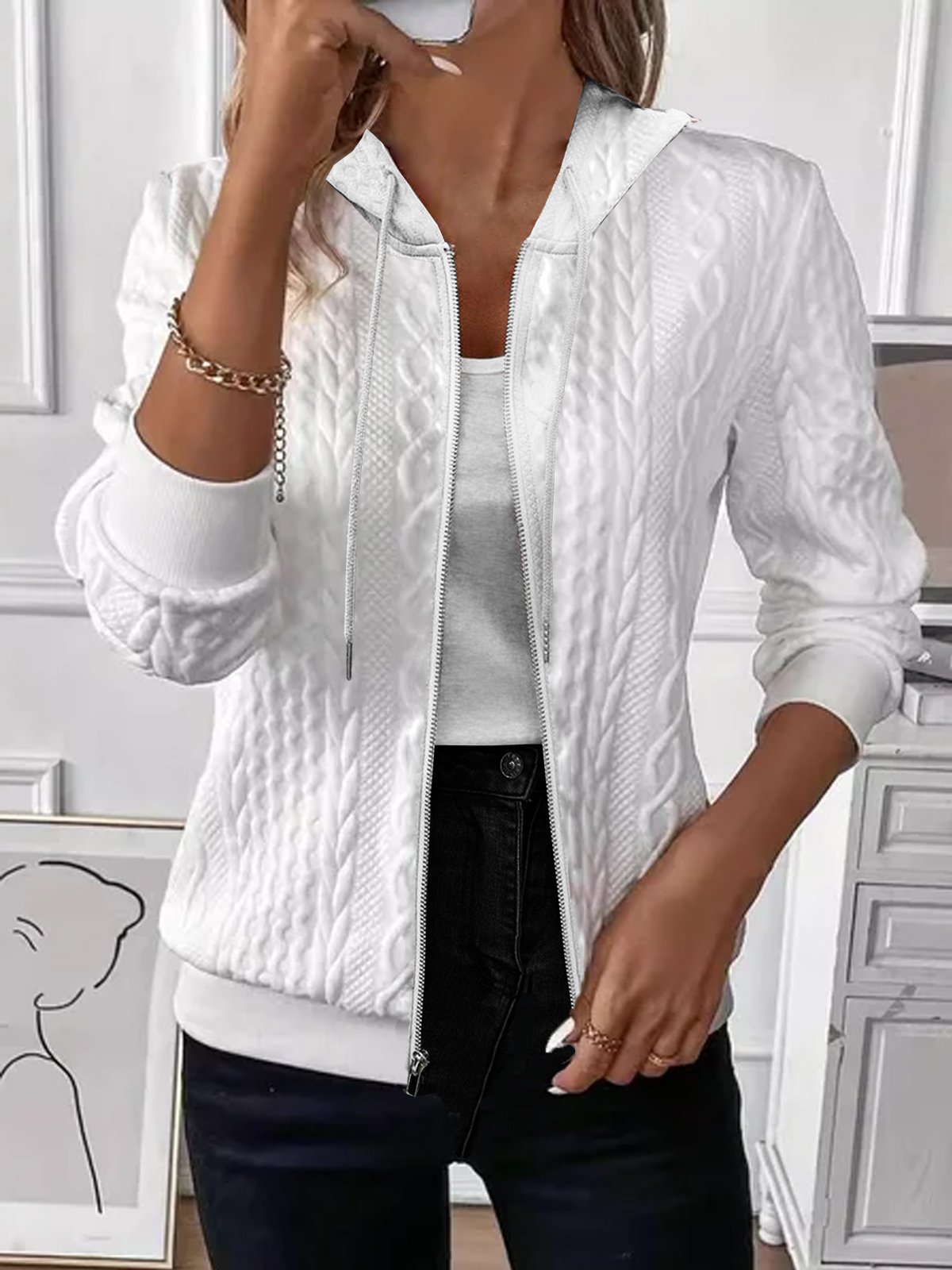 Manteau à capuche zippé en tricot à manches longues de couleur unie