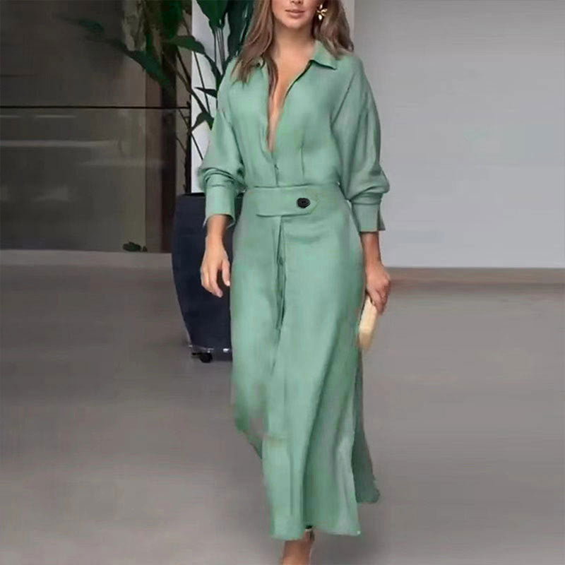 Robe chemise élégante à manches longues, unie et cintrée pour femme