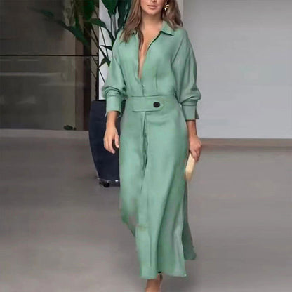 Robe chemise élégante à manches longues, unie et cintrée pour femme