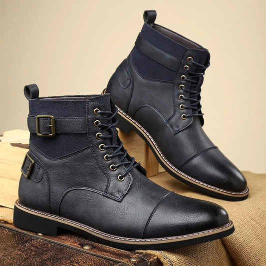 AuraStep Retro Mid Top Patent PU Martin Boots Black, lace-up ankle boots with brass eyelets