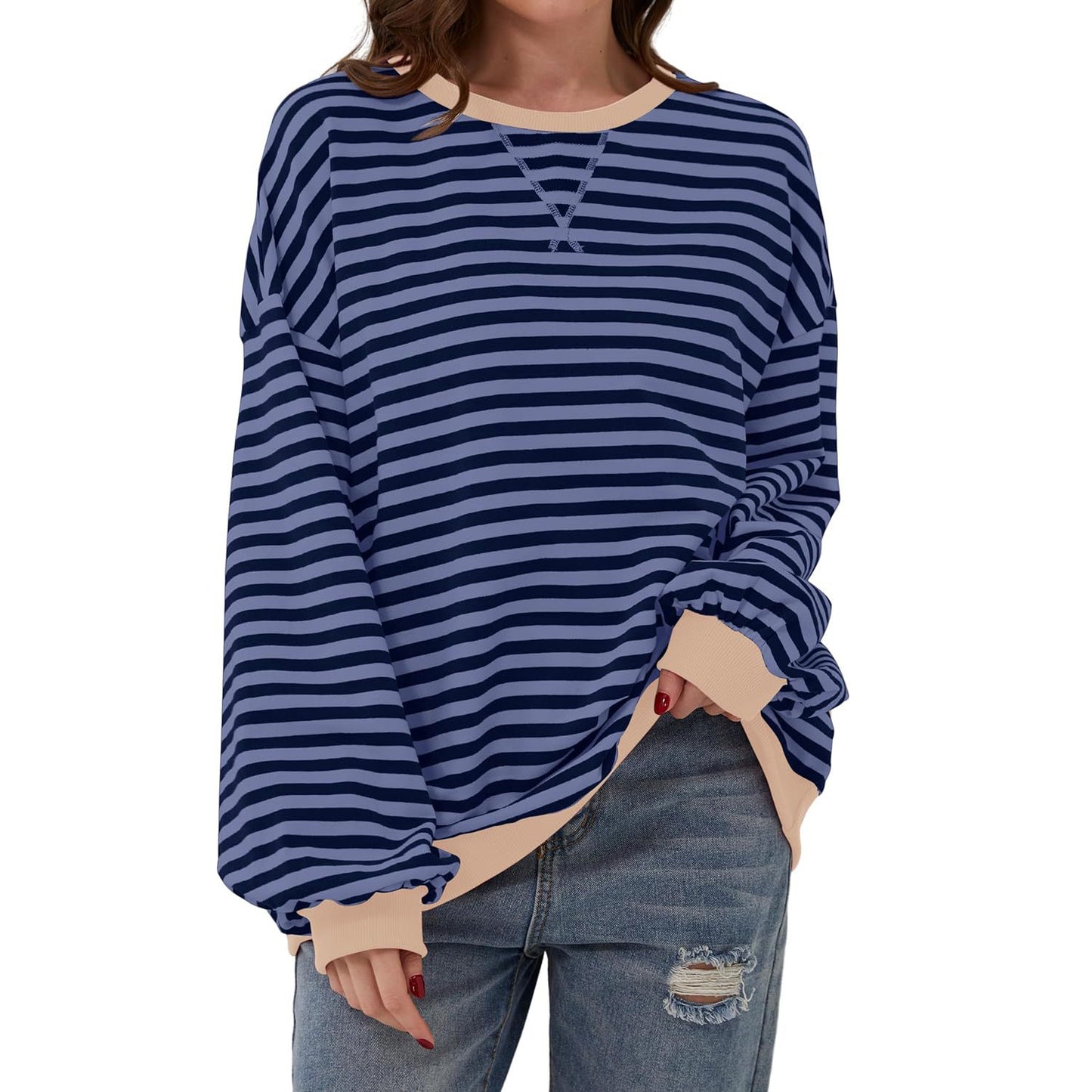T-shirt ample à manches longues rayé, pull décontracté pour vêtements pour femmes