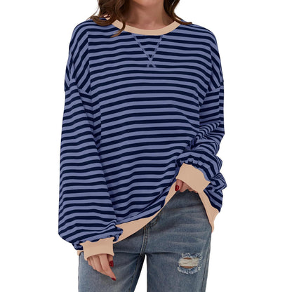 T-shirt ample à manches longues rayé, pull décontracté pour vêtements pour femmes